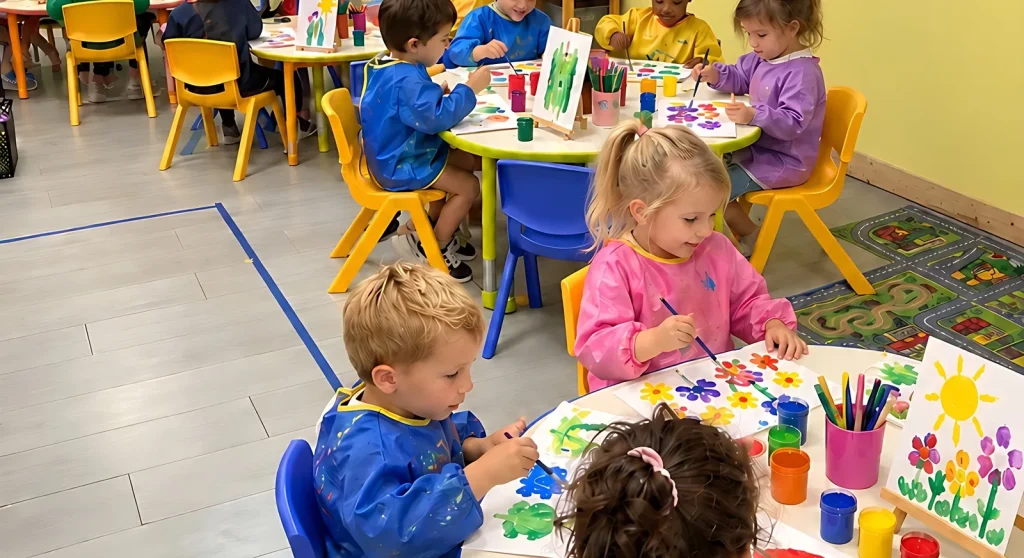 Atelier peinture en maternelle à l'École Val Saint André