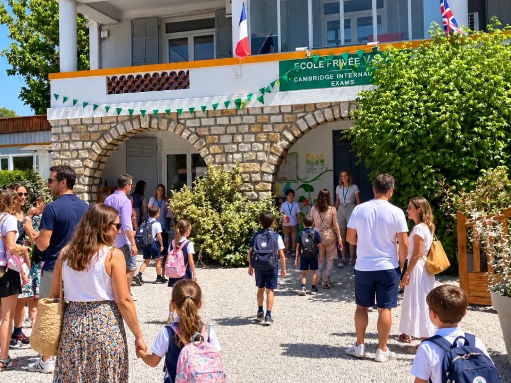 Entrée de l'École Val Saint André à Aix-en-Provence, élèves et parents à la rentrée