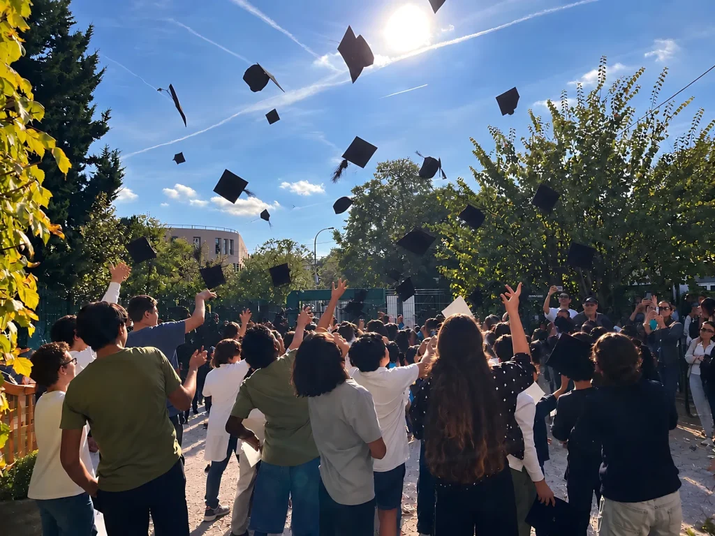 Fête de fin d'année à l'École Val Saint André : lancer de chapeaux
